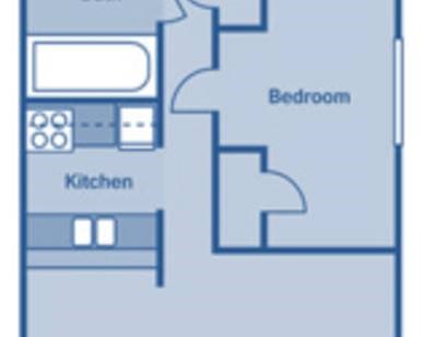 Floor plan for 2 beds, 1 bath, 864 sqft