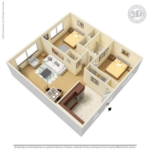 Floor plan for 2 beds, 1 bath, 925 sqft