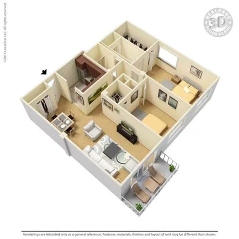 Floor plan for 2 beds, 2 baths, 950 sqft