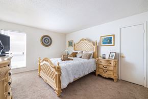 Tampa apartment for rent - A bedroom with a bed, dresser, and mirror.