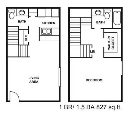 Floor plan for 1 bed, 1.5 baths, 827 sqft