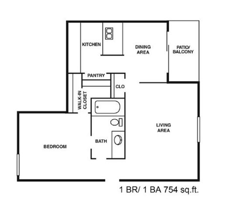 Floor plan for 1 bed, 1 bath, 754 sqft