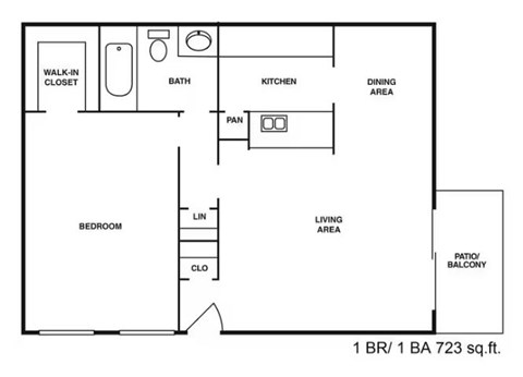 Floor plan for 1 bed, 1 bath, 723 sqft
