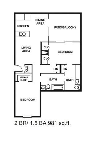 Floor plan for 2 beds, 1.5 baths, 981 sqft