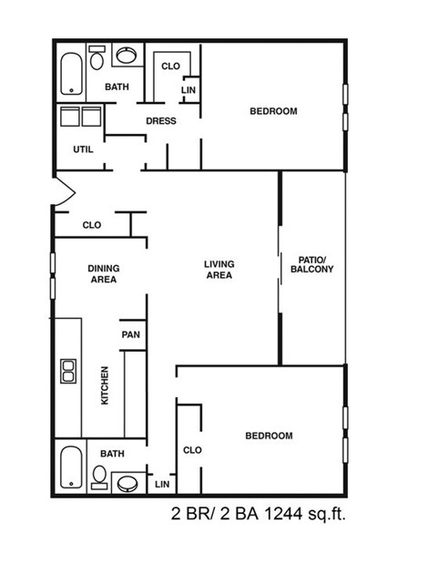 Floor plan for 2 beds, 2 baths, 1244 sqft