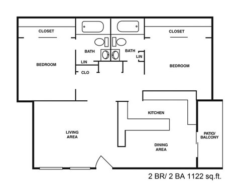 Floor plan for 2 beds, 2 baths, 1122 sqft