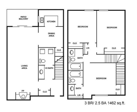 Floor plan for 3 beds, 2.5 baths, 1461 sqft