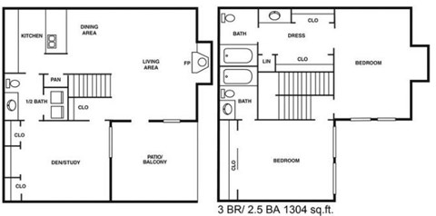 Floor plan for 3 beds, 2.5 baths, 1304 sqft