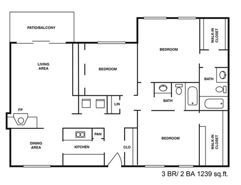 Floor plan for 3 beds, 2 baths, 1239 sqft