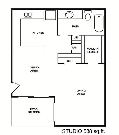 Floor plan for studio, 1 bath, 538 sqft