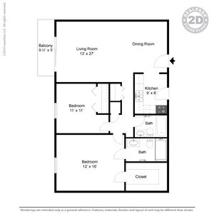 Floor plan for 2 beds, 2 baths, 1034 sqft
