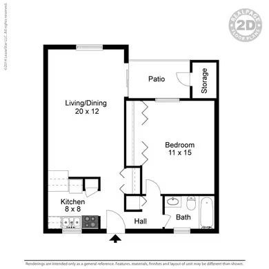 Floor plan for 1 bed, 1 bath, 750 sqft