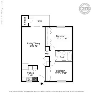 Floor plan for 2 beds, 1 bath, 850 sqft