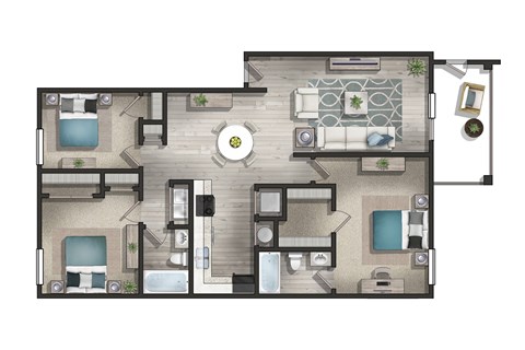 Floor plan for 3 beds, 2 baths, 1350 sqft