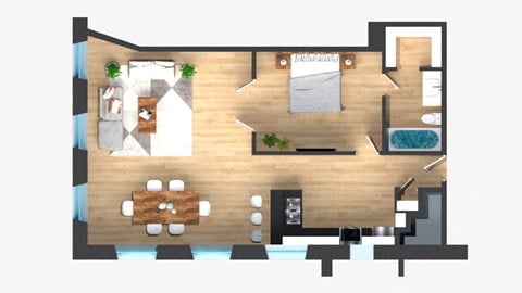 Floor plan for 1 bed, 1 bath, 726 sqft