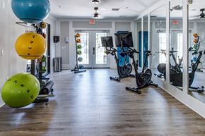 Raleigh apartment for rent - A gym with exercise equipment and mirrors on the wall.