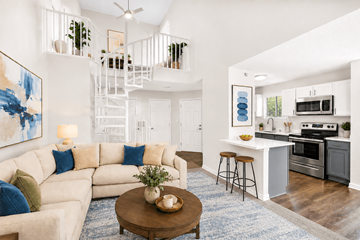 Raleigh apartment for rent - A living room with a white couch and a blue rug.