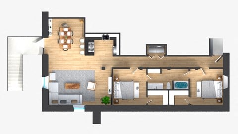 Floor plan for 2 beds, 1 bath, 1107 sqft
