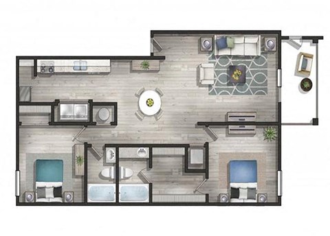 Floor plan for 2 beds, 2 baths, 1140 sqft