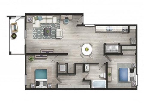 Floor plan for 2 beds, 1 bath, 1000 sqft