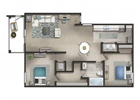 Floor plan for 2 beds, 1 bath, 1000 sqft