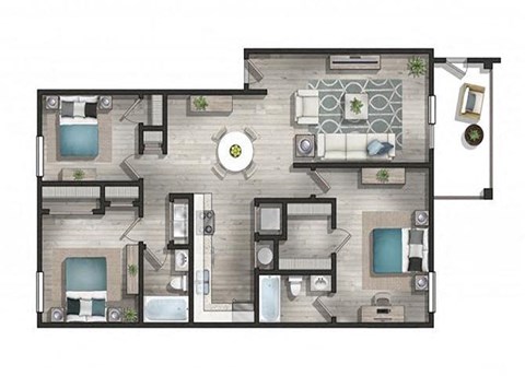 Floor plan for 3 beds, 2 baths, 1350 sqft