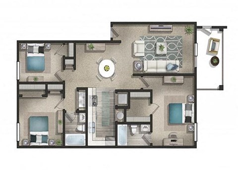 Floor plan for 3 beds, 2 baths, 1350 sqft