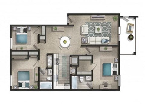 Floor plan for 3 beds, 2 baths, 1350 sqft