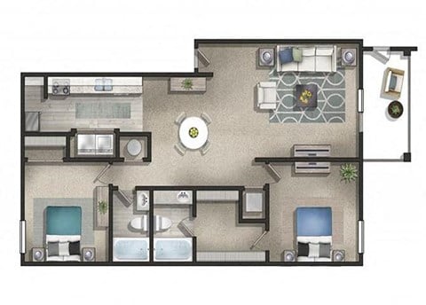 Floor plan for 2 beds, 2 baths, 1140 sqft
