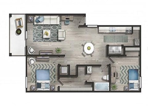 Floor plan for 2 beds, 1 bath, 1000 sqft