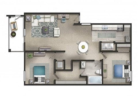 Floor plan for 2 beds, 1 bath, 1000 sqft