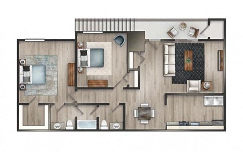 Floor plan for 2 beds, 1.5 baths, 840 sqft