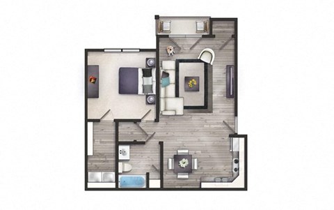 Floor plan for 1 bed, 1 bath, 740 sqft