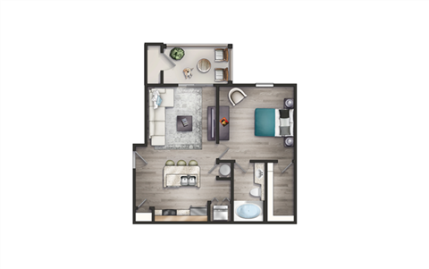 Floor plan for 1 bed, 1 bath, 735 sqft