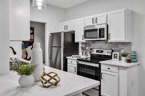 Raleigh apartment for rent - a kitchen with white cabinets and stainless steel appliances