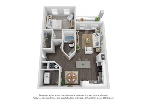 Floor plan for 1 bed, 1 bath, 855 sqft