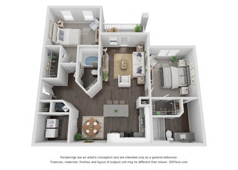 Floor plan for 2 beds, 2 baths, 1136 sqft