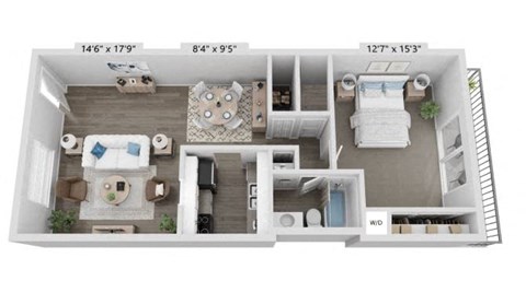 Floor plan for 1 bed, 1 bath, 927 sqft