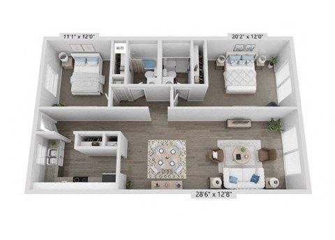 Floor plan for 2 beds, 2 baths, 1302 sqft
