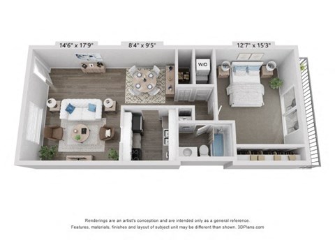 Floor plan for 1 bed, 1 bath, 927 sqft