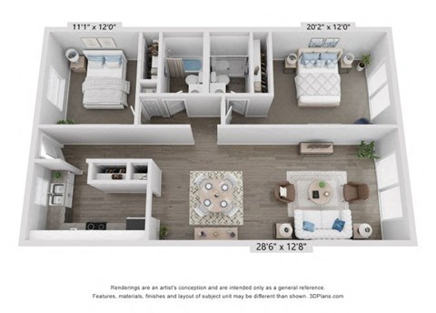 Floor plan for 2 beds, 2 baths, 1302 sqft