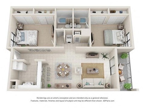 Floor plan for 2 beds, 2 baths, 950 sqft
