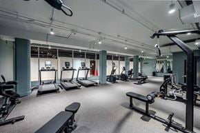 Denver apartment for rent - A spacious gym with treadmills, elliptical machines, and weightlifting equipment.