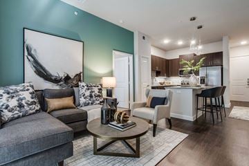 Richardson apartment for rent - A modern living room with a grey sofa and a coffee table.