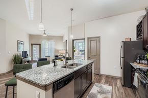 Huntersville apartment for rent - A kitchen with a granite countertop and a black refrigerator.