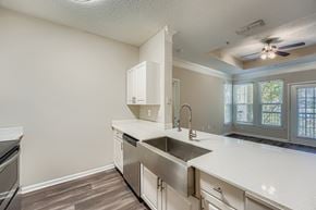 Alpharetta apartment for rent - A kitchen with a stainless steel sink and white cabinets.