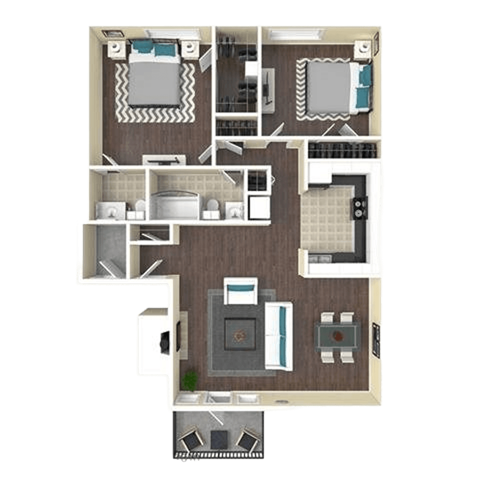 Floor plan for 2 beds, 1.5 baths, 1081 sqft