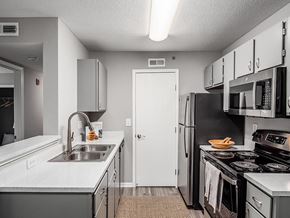 Columbus apartment for rent - A kitchen with a white sink and black stove.