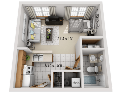 Floor plan for studio, 1 bath, 556 sqft