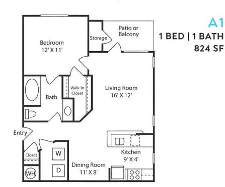 Floor plan for 1 bed, 1 bath, 824 sqft